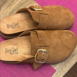 Corkys Tan Suede Mules with Gold Buckle